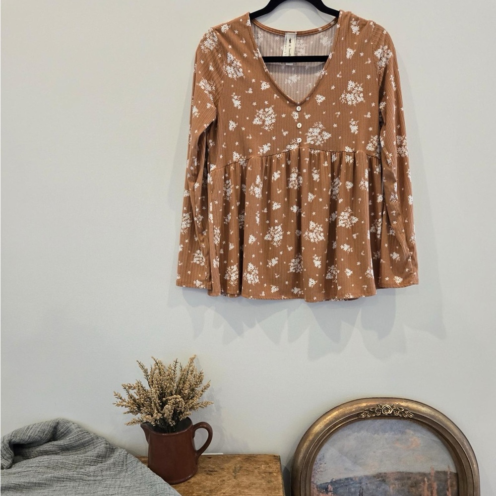 Vanilla Bay Floral Tan Babydoll Top